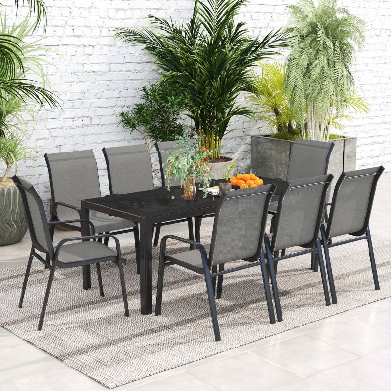 Best 8 Seater Garden Dining Set with Stacking Chairs, Rectangular Tempered Glass Top, Garden Furniture Set, Outdoor Dining Table and Chairs for Patio, Balcony, Poolside, Dark Grey - Image 9