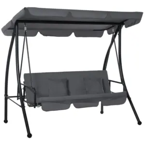 Best Outdoor 2-in-1 Swing Chair Lounger 3 Seater Garden Swing Seat Bed Convertible Tilt Canopy W/ Cushion, Dark Grey