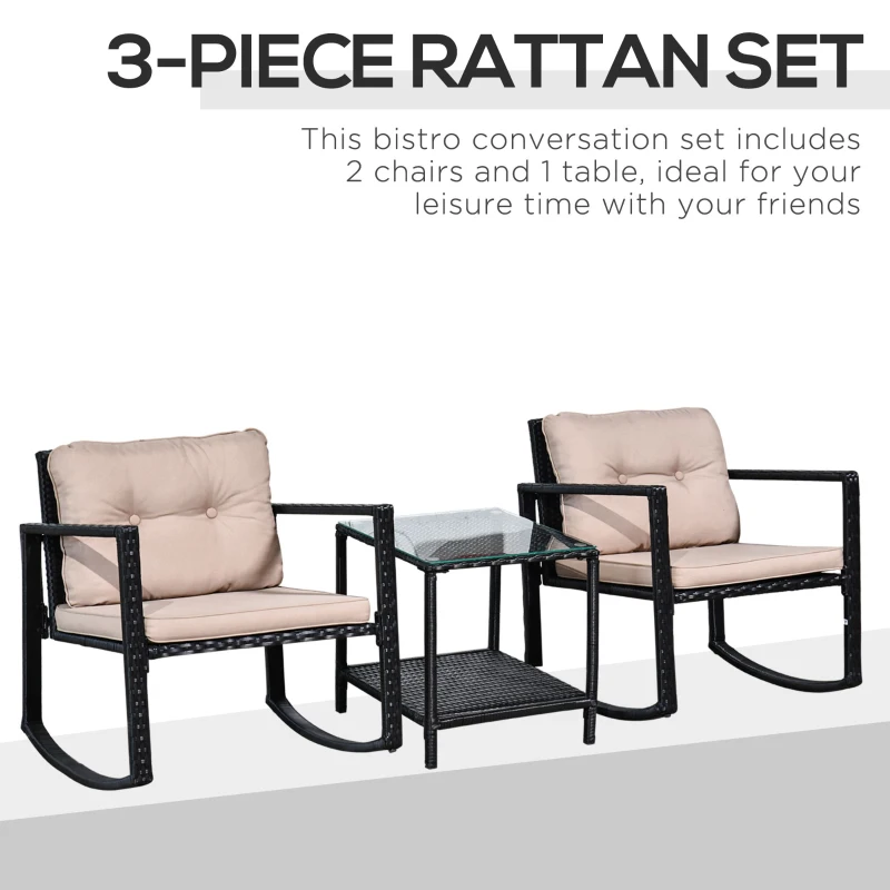 Best 3 Pieces Rattan Garden Rocking Chair Set, Outdoor Rocking Bistro Set w/ 2 Cushioned Armchair and Glass Top Two-tier Coffee Table, Black - Image 6