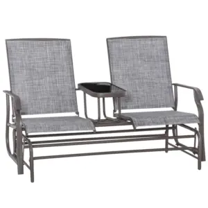 Best 2 Seats Garden Glider Bench, Metal Frame Loveseat with Glass Top Centre Table, Porch Rocking Glider for 2 Person, for Deck, Patio, Brown/ Grey