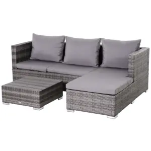 Best 3PC Rattan Garden Furniture Storage Sofa Set 4 Seater Wicker Coffee Table Conservatory Sun Lounger Reclining Set Outdoor Weave with Cushion Grey