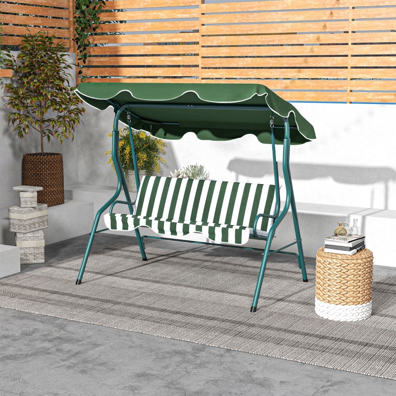 Best 3 Seater Garden Swing Seat Chair Outdoor Bench with Adjustable Canopy and Metal Frame, Green Stripes - Image 10
