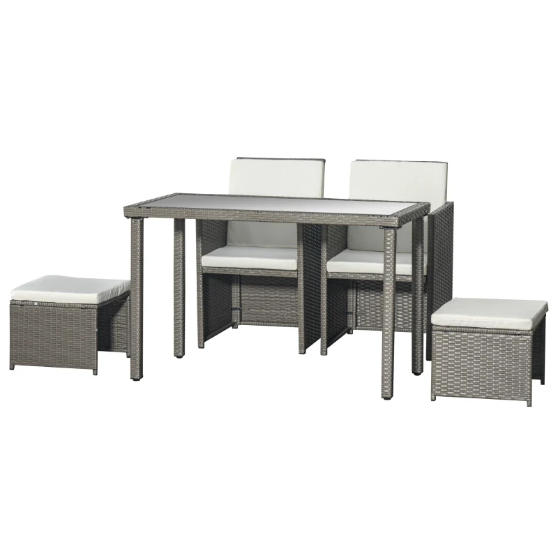 Best 2 Seater Rattan Cube Garden Furniture Set, Rattan Dining Set with Cushions, Outdoor Dining Table and Chairs with 2 Armchairs, 2 Stools, Rectangular Glass Top Table for Patio, Balcony, Grey