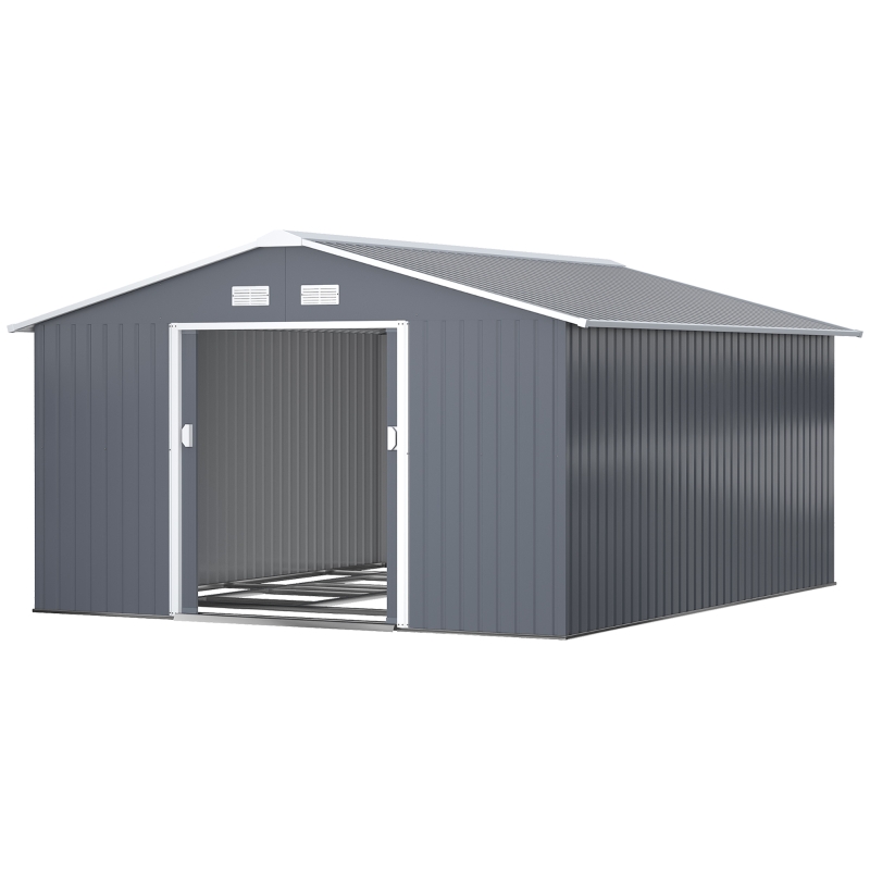 Best 13 x 11ft Metal Garden Shed, Outdoor Storage Tool House with Ventilation Slots, Foundation Kit and Lockable Double Doors, Grey - Image 11