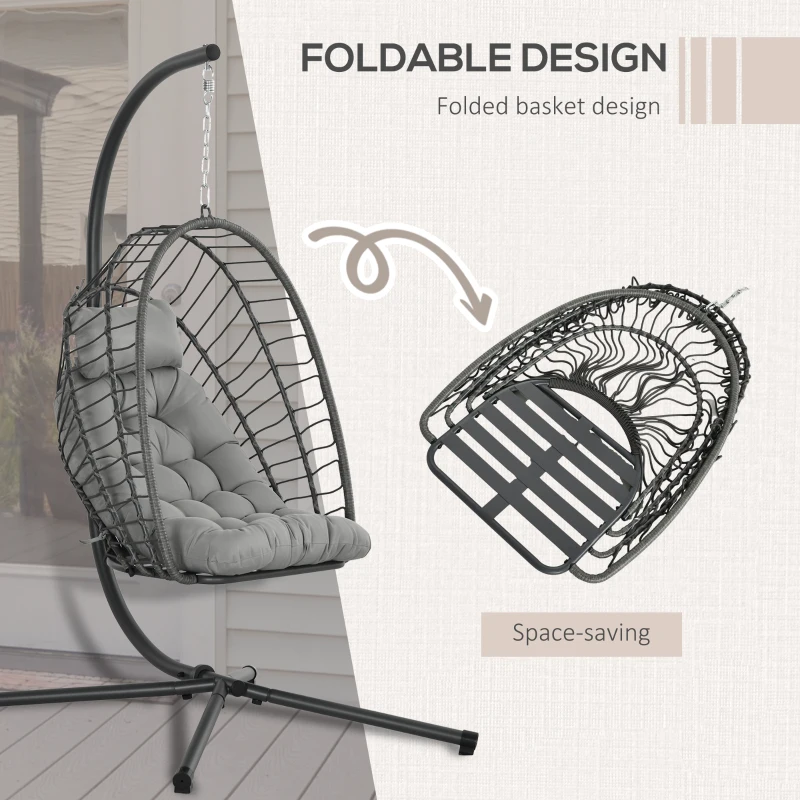 Best Outdoor PE Rattan Swing Chair with Foldable Basket and Cushion, Garden Patio Hanging Egg Chair with Metal Stand, Headrest for Indoor and Outdoor, Light Grey - Image 4