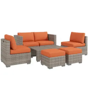 Best Eight-Piece Rattan Garden Set, with Contrast Cushions - Orange/Grey