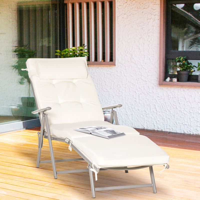 Best Sun Lounger Steel Frame Outdoor Folding Chaise Texteline Lounge Chair Recliner with Headrest & 7 Levels Adjustable Backrest, Cream White - Image 10