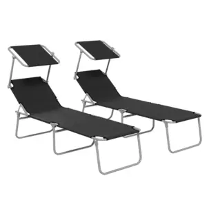 Best Foldable Sun Lounger Set of 2 with Sun Shade & Adjustable Backrest - Black