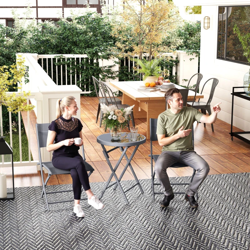 Best 3 Pieces Outdoor Bistro Set, Glass Top Outdoor Table and 2 Folding Chairs with Protecting Feet, Grey - Image 8