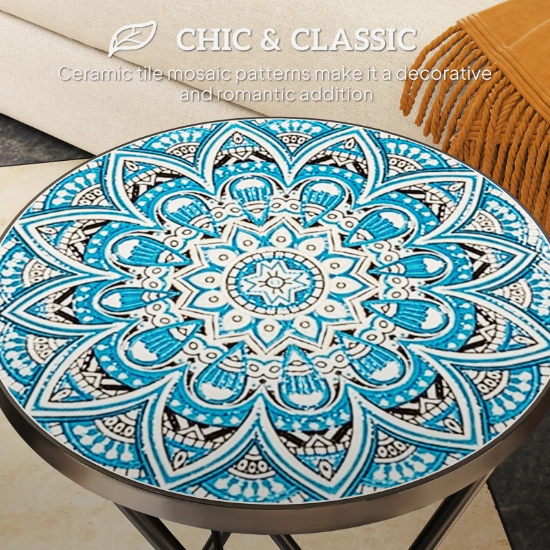 Best Mosaic Outdoor Garden Table, 35.5cm Round Folding Coffee Table with Metal Frame for Balcony Terrace, Blue - Image 4