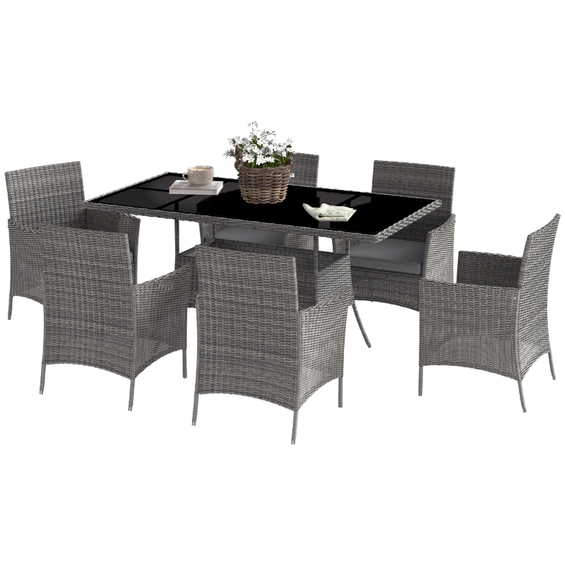 Best 7-Piece Rattan Garden Furniture Set with Cushions, 6 Seater Garden Table and Chairs, Rattan Dining Set with 6 Armchairs, Rectangular Glass Top Table, Charcoal Grey - Image 11