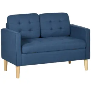 Best Modern Loveseat Sofa, Compact 2 Seater Sofa with Hidden Storage, 117cm Tufted Cotton Couch with Wood Legs, Blue