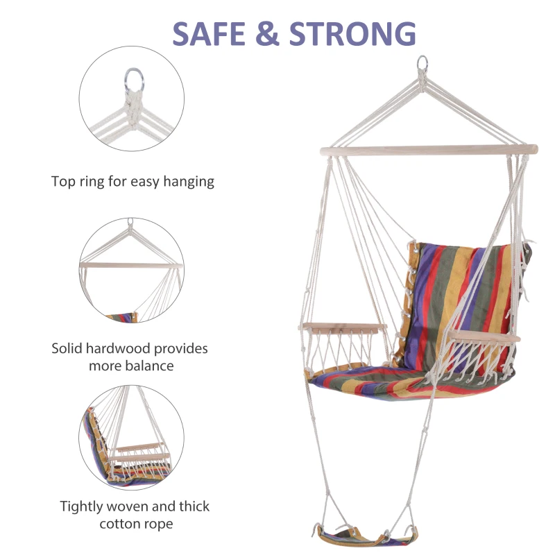 Best Hanging Rope Chair with Soft Padded Seat & Backrest, Portable Garden Hammoc Chair with Wooden Support Bar, Armrests, Cotton Cloth, Footrest, for Patio & Tree, Red - Image 5