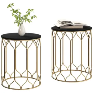 Best Garden Side Table Set of 2, Nesting Tables with Ceramic Tile Top, Indoor Outdoor Small Garden Tables, Multifunctional End Tables with Metal Frame for Patio, Balcony, Porch, Black