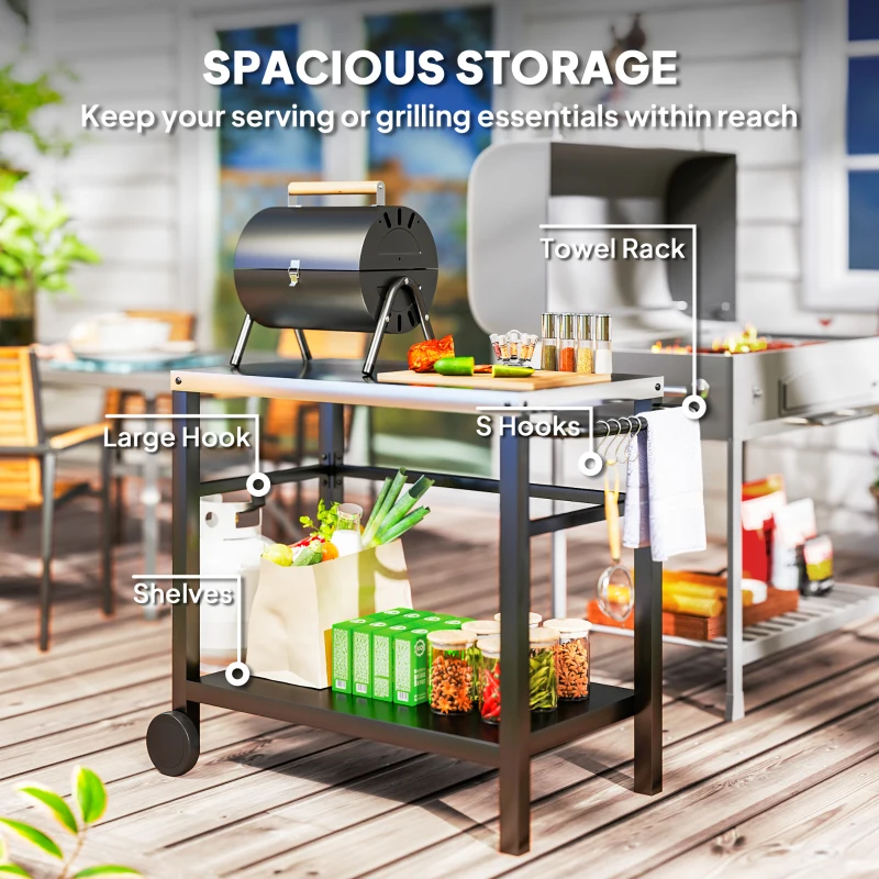 Best Outdoor Grill Dining Cart 2-Shelf Movable Pizza Oven Table Stand with Stainless Steel Top, Portable BBQ Trolley Food Prep Outdoor Kitchen BBQ Station with Hooks Wheels Handle, Charcoal Grey - Image 5