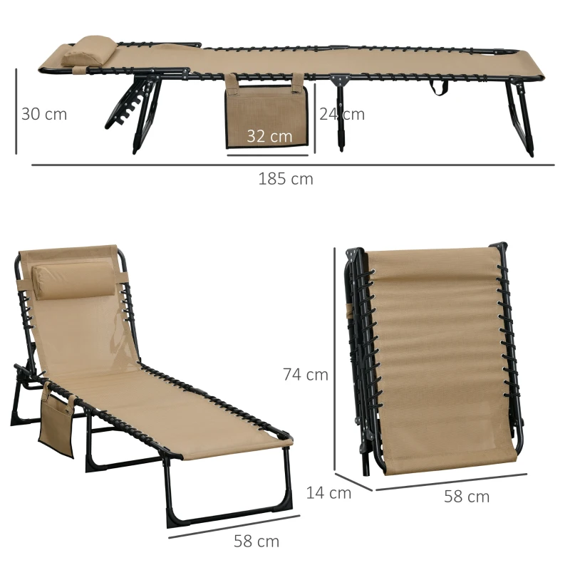 Best Portable Sun Lounger Set of 2, Folding Camping Bed Cot, Reclining Lounge Chair 5-position Adjustable Backrest with Side Pocket, Pillow for Patio Garden Beach Pool, Beige - Image 3