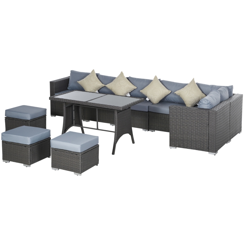 Best 9-Seater Garden Rattan Furniture 10 Pcs Rattan Corner Dining Sofa Set, Grey/Dusty Blue Cushion - Image 13