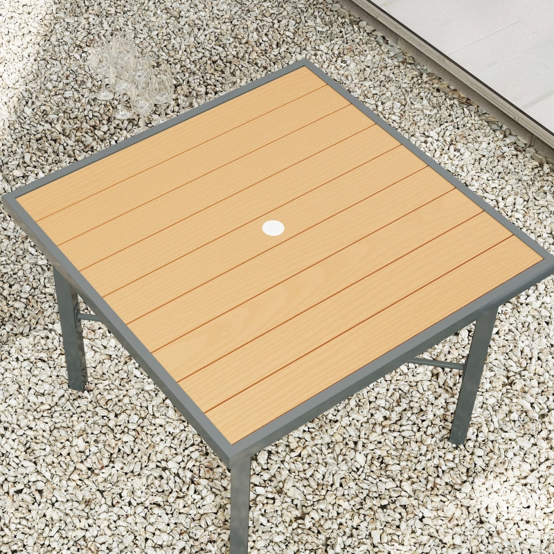 Best Garden Table, 90cm Square Outdoor Patio Dining Table with 4.2 cm Umbrella Hole, Metal Frame, Wood Effect Top, for Terrace, Balcony, Natural Wood Finish - Image 9