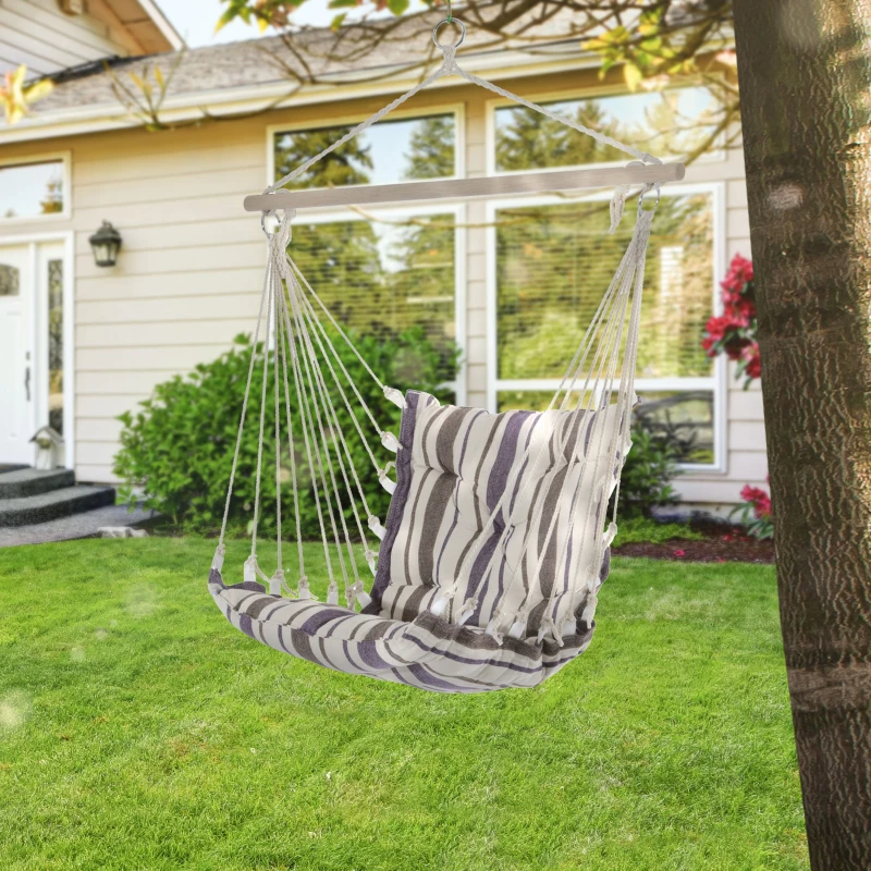 Best Outdoor Hanging Rope Chair with Soft Padded Seat & Backrest, Garden Hammock Chair with Wooden Support Bar Cotton Cloth, Portable Garden Chair for Patio & Tree, Brown - Image 2