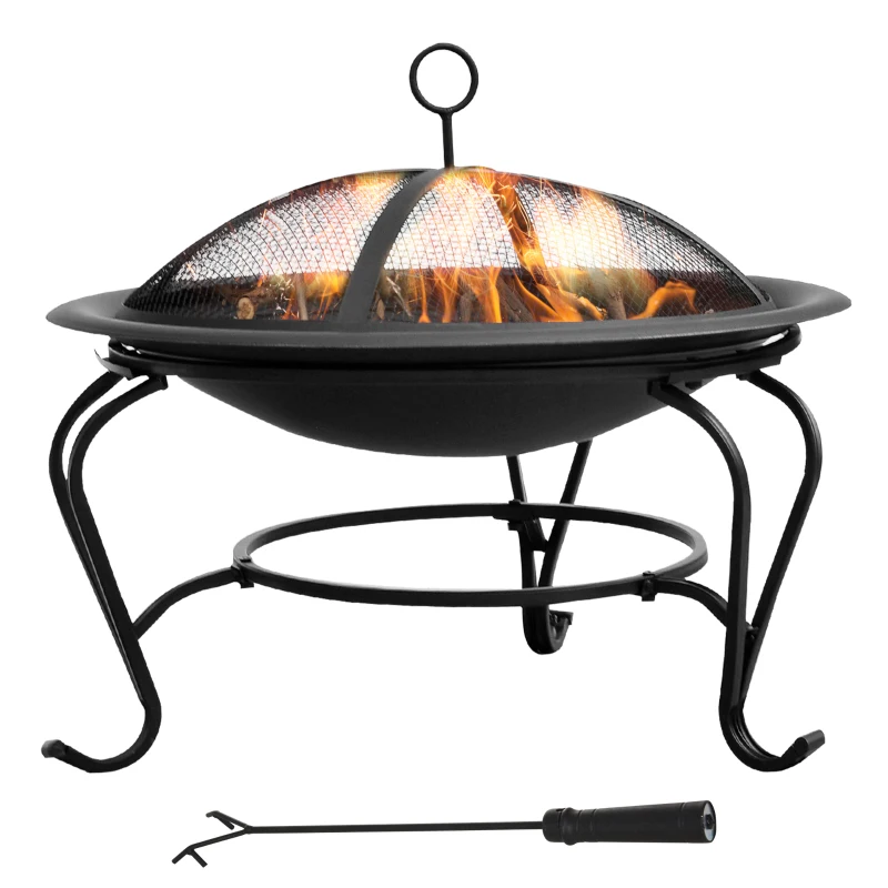 Best Metal Firepit Bowl Outdoor Round Fire Pit w/ Lid, Log Grate, Poker for Backyard, Camping, BBQ, Bonfire, Wood Burning Stove, 56 x 56 x 45cm, Black