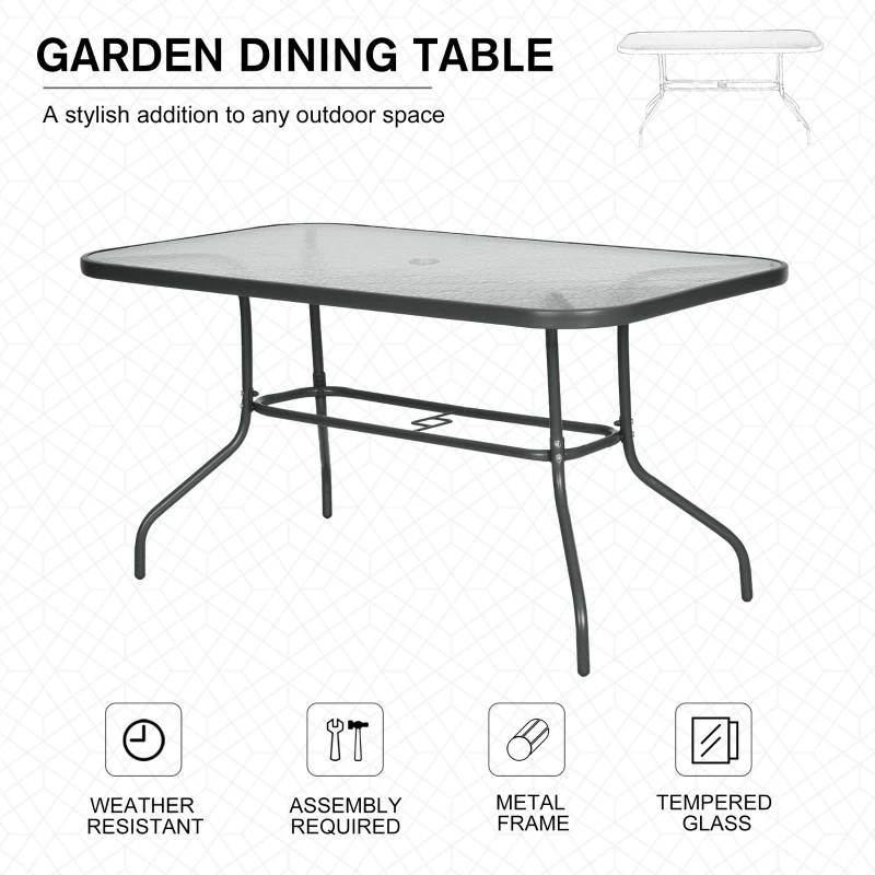 Best Garden Dining Table Glass Top Metal Frame with Parasol Hole Outdoor Balcony Grey 140L x 80Wcm - Image 7