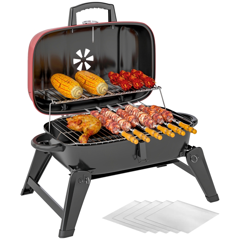 Best Charcoal Barbecue Grill Folding BBQ Grill with 1232 cm² Cooking Area, Adjustable Vent, Thermometer, Handles for Camping Picnic, Red - Image 10