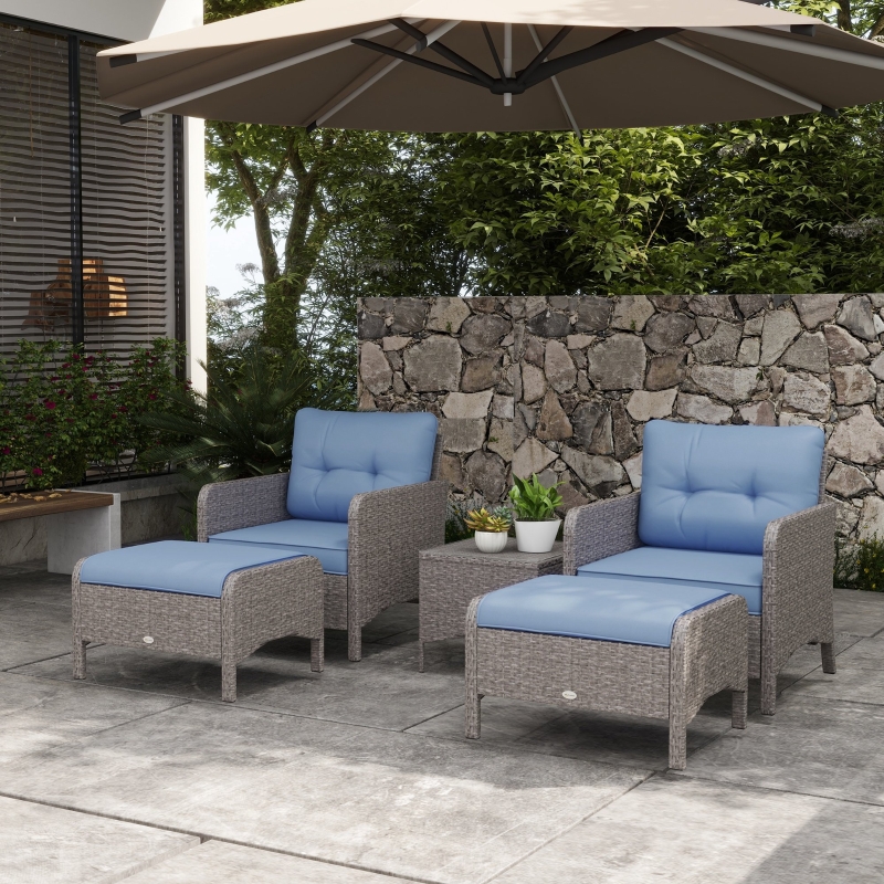 Best 5 Pieces PE Rattan Garden Furniture Set, Wicker Outdoor Sofa Set w/ 2 Armchairs 2 Stools Glass Top Table Cushions, Blue - Image 10