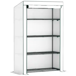 Best 4 Tier Lean-to Mini Greenhouse with Reinforced PE Cover, Portable Small Greenhouse with Roll-Up Door, Green Hemmed Edging, 110 x 50 x 171cm, Green