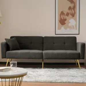 Modern Loveseat with Adjustable Backrest, Gold Legs, Side Storage Pockets, Sherpa Fabric Convertible Sofa Bed, 176L x 64W x 75H cm, Dark Grey