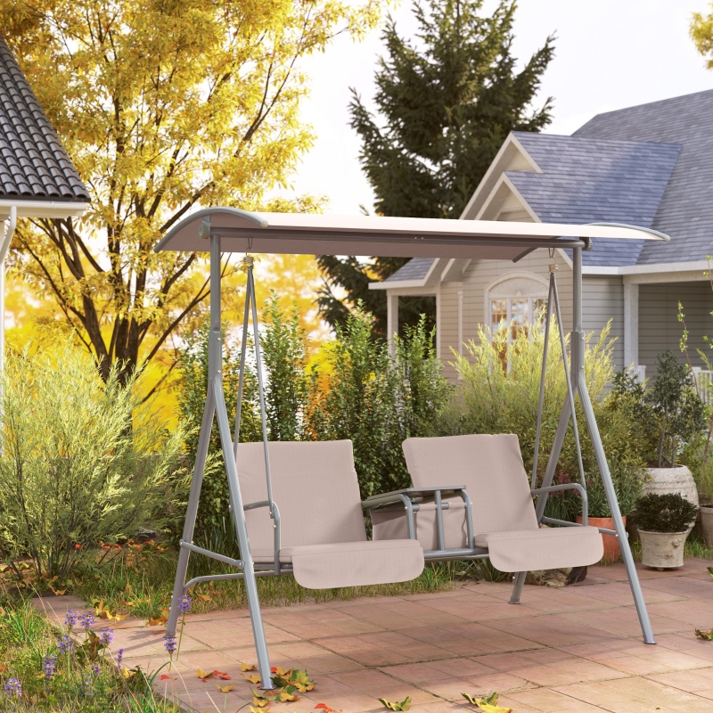 Best 2 Seater Garden Swing Chair Patio Rocking Bench w/ Tilting Canopy, Double Padded Seats, Storage Bag and Tray, Beige - Image 10