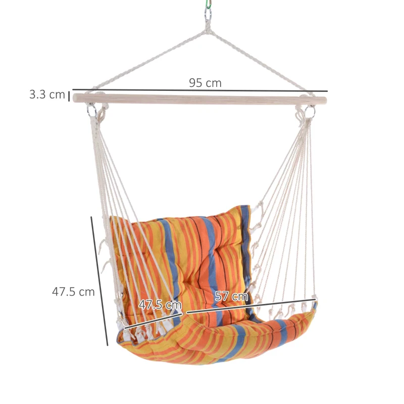 Best Outdoor Hanging Rope Chair with Soft Padded Seat & Backrest, Garden Hammock Chair with Wooden Support Bar Cotton Cloth, Portable Garden Chair for Patio & Tree, Orange - Image 3