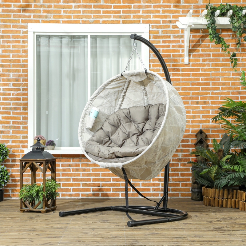 Best Hanging Egg Chair Outdoor Indoor Garden Swing Chair with Folding Basket, Garden Hanging Chair with Stand, Thickened Cushion, Cup Holder for Patio, Balcony, Sand Brown - Image 10