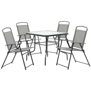 Best 5 Piece Garden Dining Set Outdoor Dining Furniture 4 Folding Chairs, Glass Top Table with Parasol Hole, Texteline Seats, Black