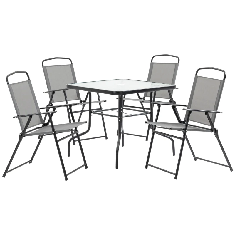 Best 5 Piece Garden Dining Set Outdoor Dining Furniture 4 Folding Chairs, Glass Top Table with Parasol Hole, Texteline Seats, Black