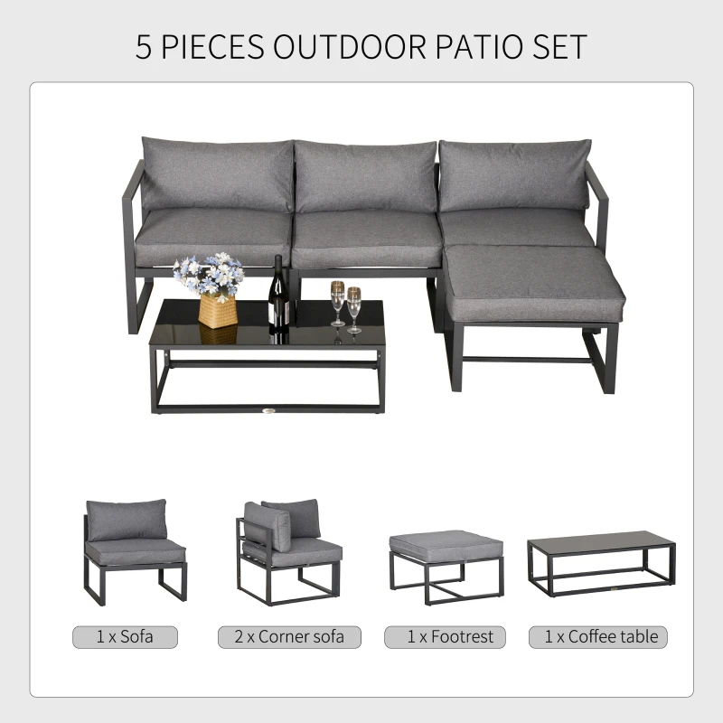 Best 5 Pieces Outdoor Patio Furniture Set, Sofa Couch with Glass Coffee Table, Cushioned Chairs and Aluminum Tube, for Balcony Garden Backyard, Grey - Image 4