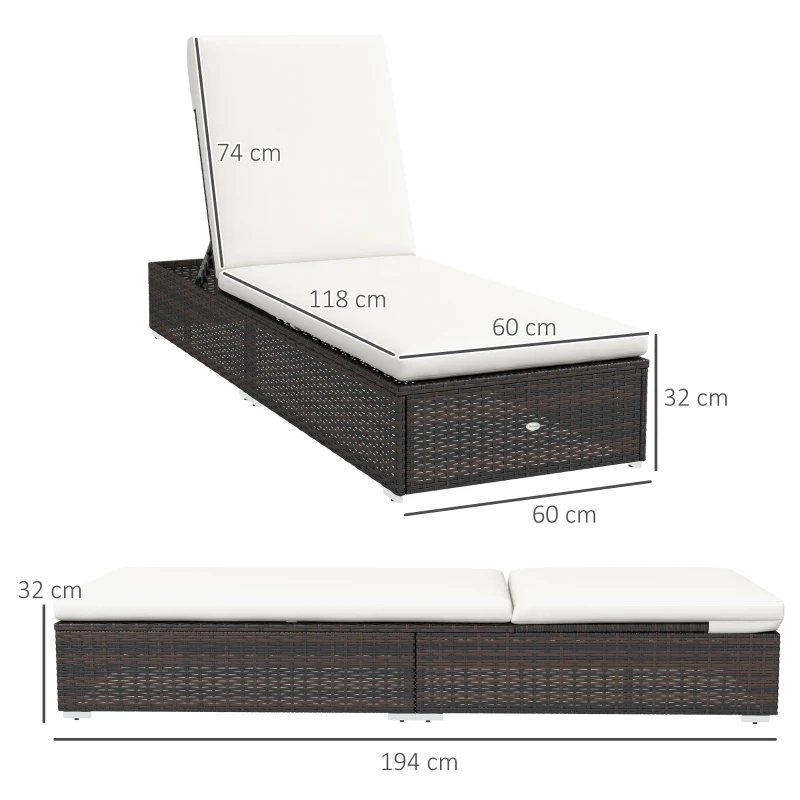 Best Set of Two Rattan Sun Loungers, with Reclining Backs - Brown/Cream - Image 3