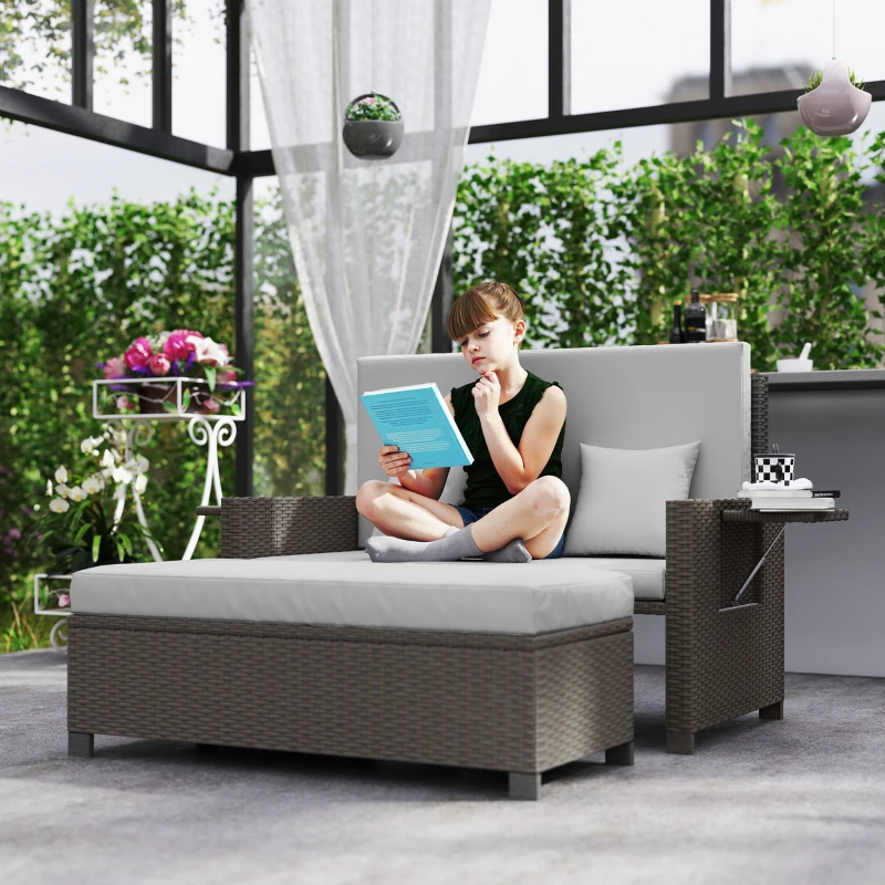 Best Rattan Day Bed, with Footstool - Light Grey - Image 2