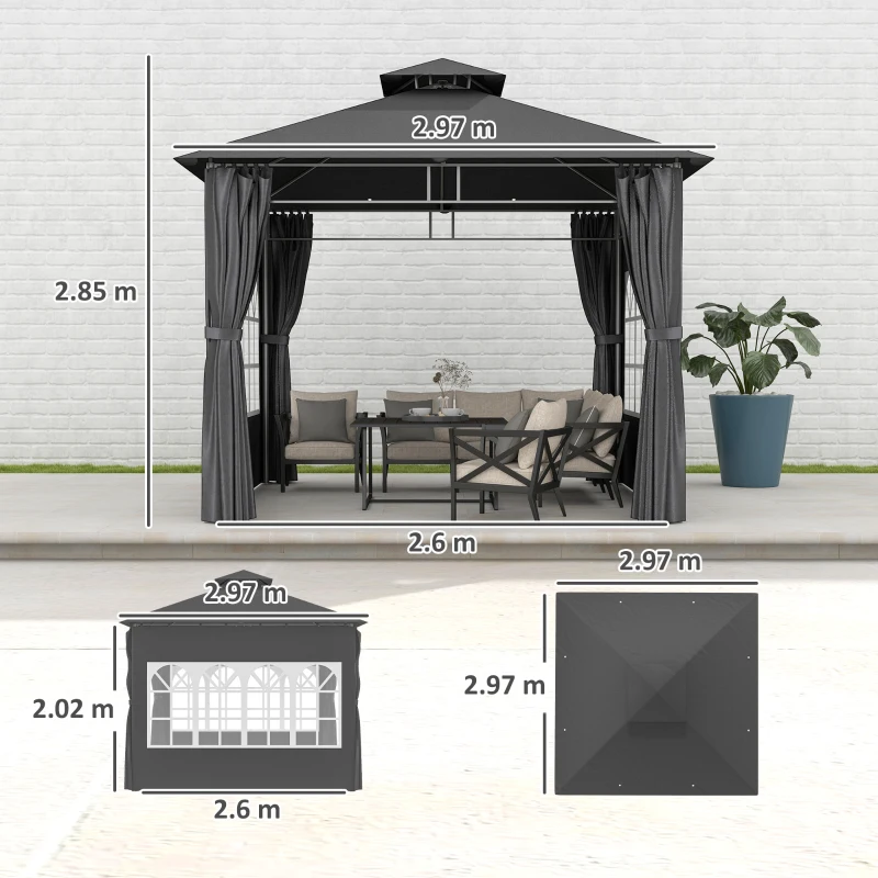 Best 3 x 3 m Garden Gazebo, Double Roof Metal Gazebo with Removable Sidewalls and Church Windows, Outdoor Canopy Shelter, Dark Grey - Image 3