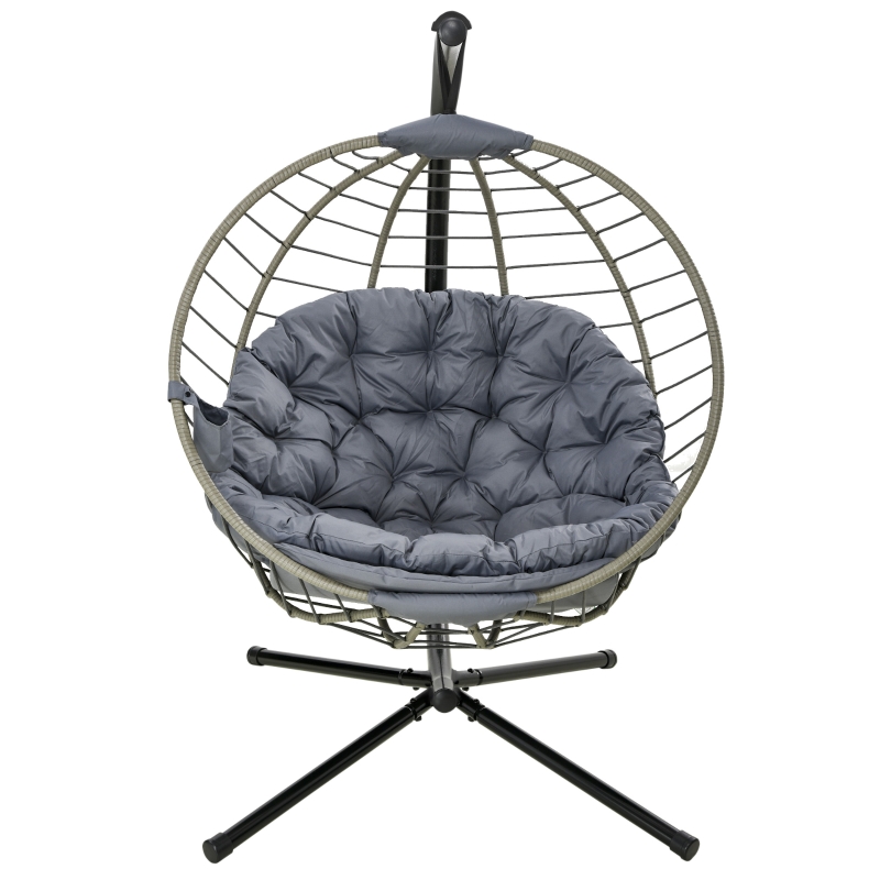 Best PE Rattan Swing Chair, Outdoor Hanging Chair with Metal Stand, Thick Padded Cushion, Foldable Basket and Cup Holder, for Indoor and Outdoor, Grey - Image 11