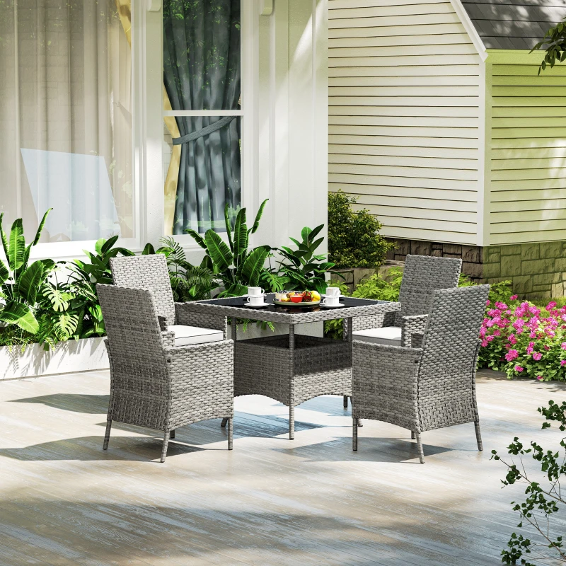 Best Rattan Garden Furniture Set, Outdoor Dining Table and Chairs 4 Seater with Cushions, Square Tempered Glass Top, 4 Armchairs, for Balcony, Terrace, Conservatory, Grey - Image 8