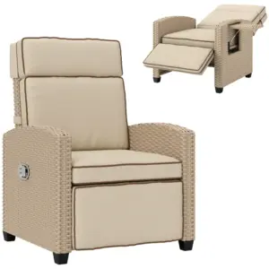 Best 145° Reclining Rattan Armchair, with Footrest - Khaki/Beige
