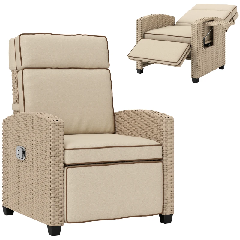 Best 145° Reclining Rattan Armchair, with Footrest - Khaki/Beige