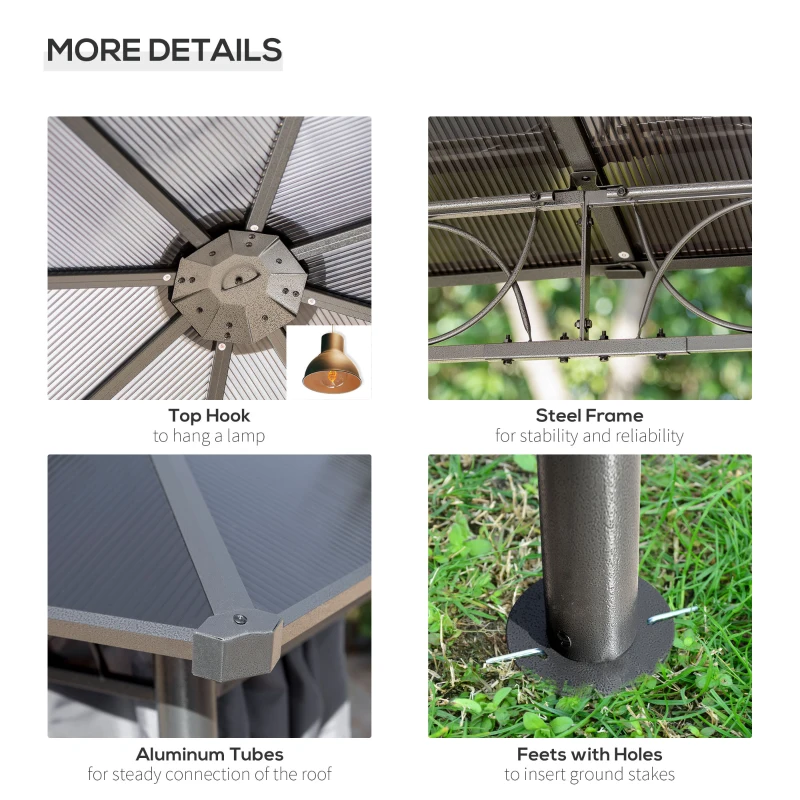 Best 3 x 3(m) Hardtop Gazebo Canopy with Polycarbonate Roof, Permanent Pavilion Garden Gazebo with Curtains for Patio, Deck, Grey - Image 6