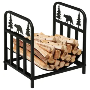 Best Metal Firewood Log Holder Indoor Outdoor Firewood Rack Inner Arced Fireplace Wood Storage Shelf w/ Bear Shape Design, Rust-Resistant, Black, 42W x 33.5D x 43H cm