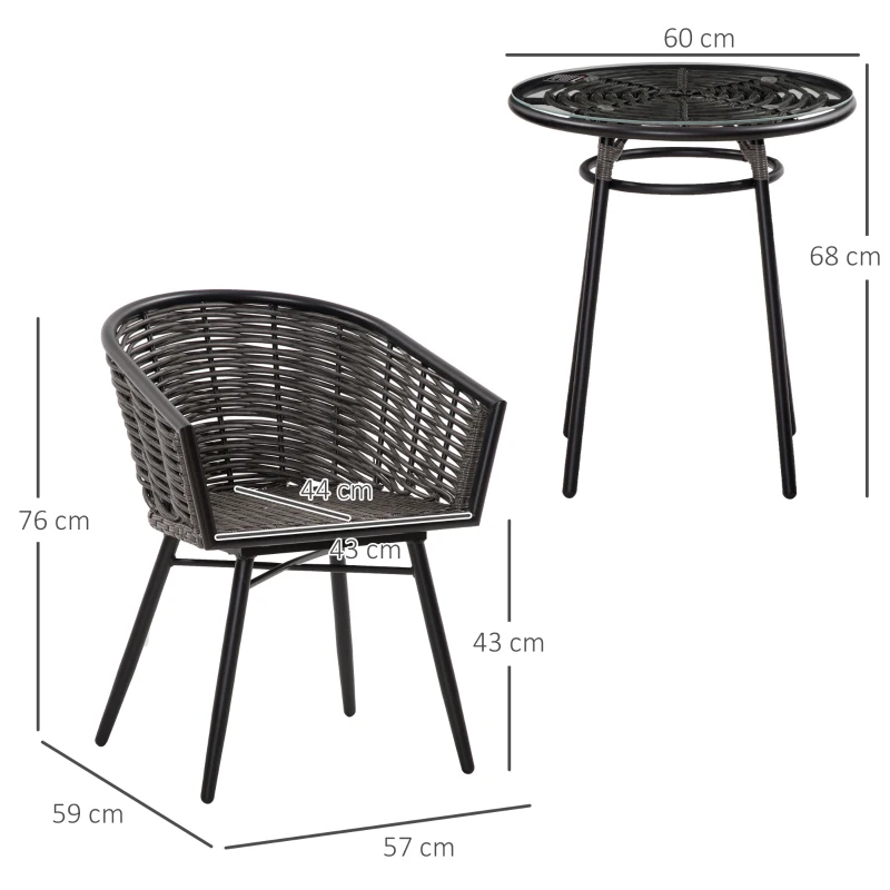 Best 3 Pieces Rattan Bistro Set, Wicker Garden Furniture Set with Round Glass Top Coffee Table and Chairs, Washable Cushions for Outdoor, Patio, Balcony, Grey - Image 3