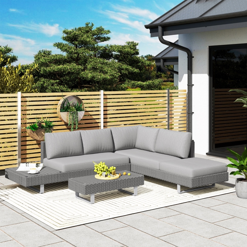 Best 5-Seater Rattan Wicker Sofa Set Furniture Patio Tea Table Set with Cushions, Light Grey - Image 10