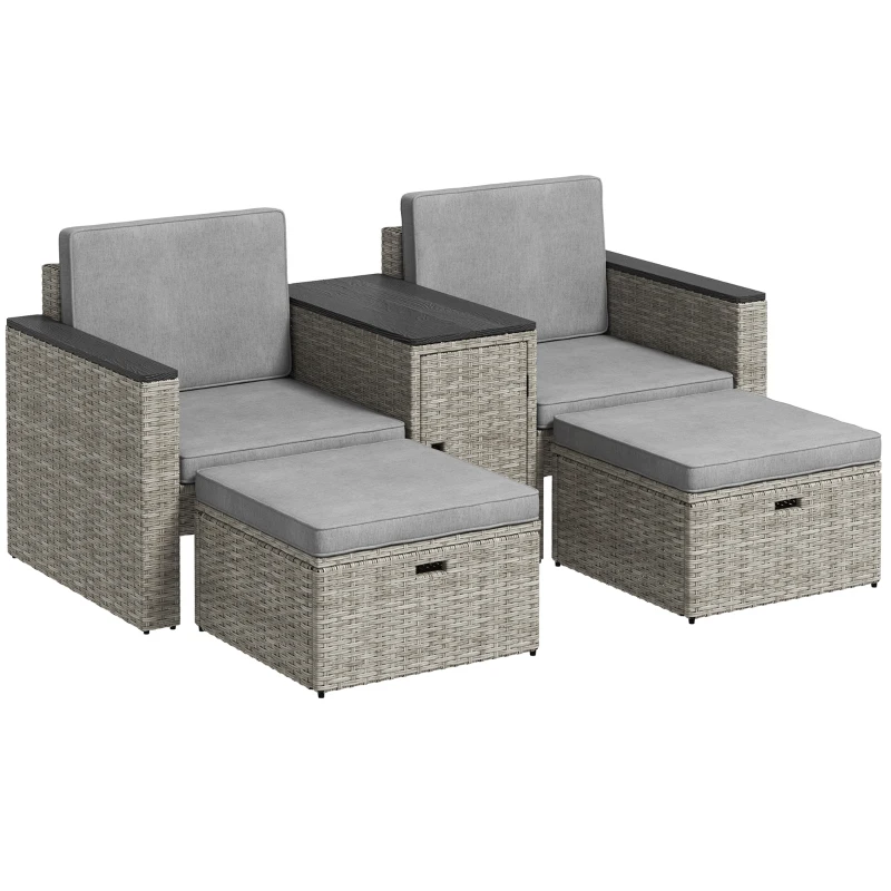Best 5 Piece Rattan Garden Furniture Set, Nesting Outdoor Furniture Conversation Set with 2 Footstools, WPC Storage Coffee Table and Cushions, Wicker Garden Sofa for Conservatory, Terrace, Grey