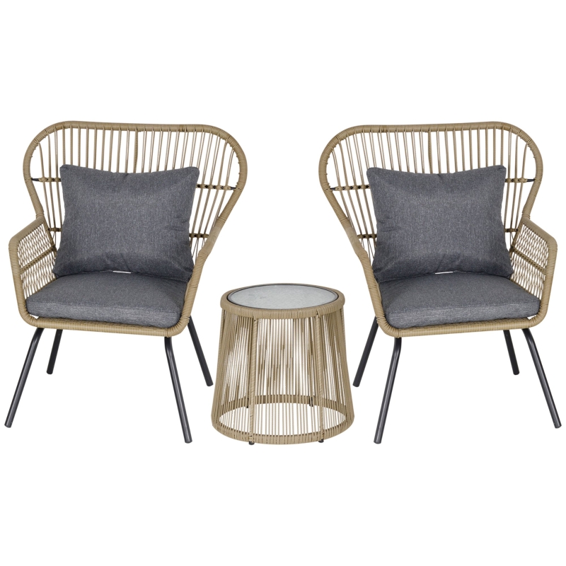 Best 3 Pieces Rattan Bistro Set, Wicker Garden Furniture Set with Cushions, Glass Top Coffee Table and Chairs for Outdoor, Patio, Balcony, Brown - Image 11