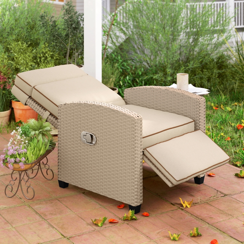 Best 145° Reclining Rattan Armchair, with Footrest - Khaki/Beige - Image 9