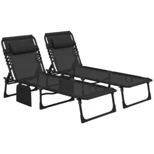Best Portable Sun Lounger Set of 2, Folding Camping Bed Cot, Reclining Lounge Chair 5-position Adjustable Backrest with Side Pocket, Pillow for Patio Garden Beach Pool, Black